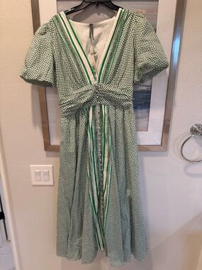 Anthropologie Green & White Patterned Maxi Dress